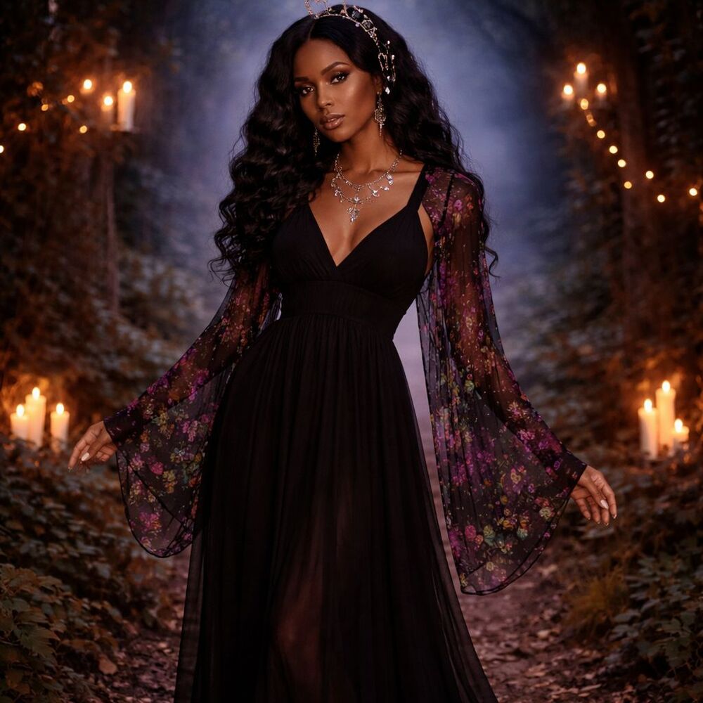 Y2K Whimsigoth Chiffon Babydoll Maxi Prom Dress 2X Romantic Goth Dark Fairycore